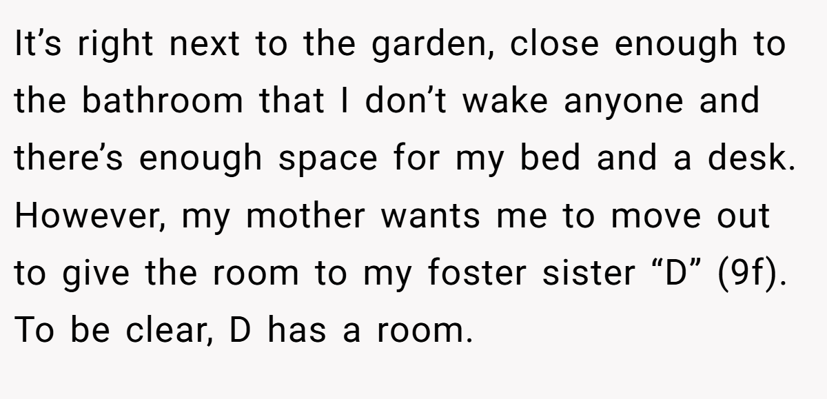 It’s right next to the garden, close enough to the bathroom that I don’t wake anyone and there’s enough space for my bed and a desk. However, my mother wants me to move out to give the room to my foster sister “D” (9f). To be clear, D has a room.