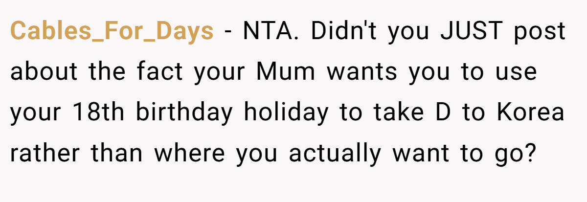 Cables_For_Days − NTA. Didn't you JUST post about the fact your Mum wants you to use your 18th birthday holiday to take D to Korea rather than where you actually want to go?
