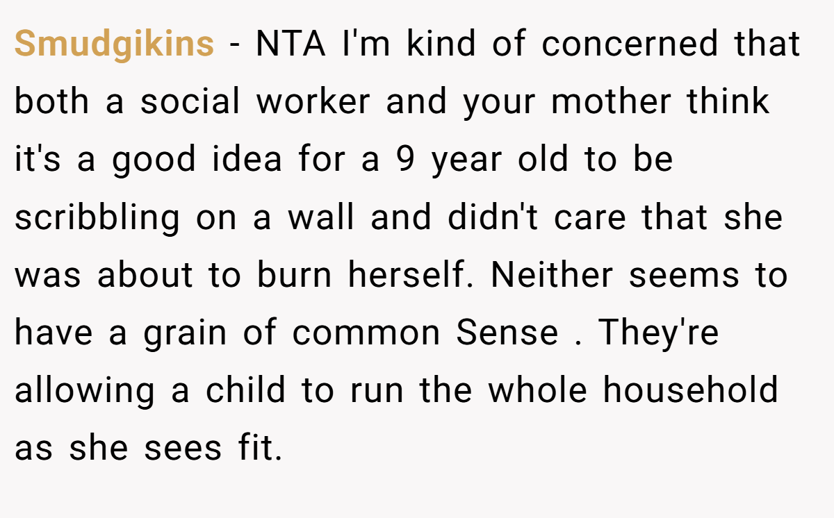 Smudgikins − NTA I'm kind of concerned that both a social worker and your mother think it's a good idea for a 9 year old to be scribbling on a wall and didn't care that she was about to burn herself. Neither seems to have a grain of common Sense . They're allowing a child to run the whole household as she sees fit.