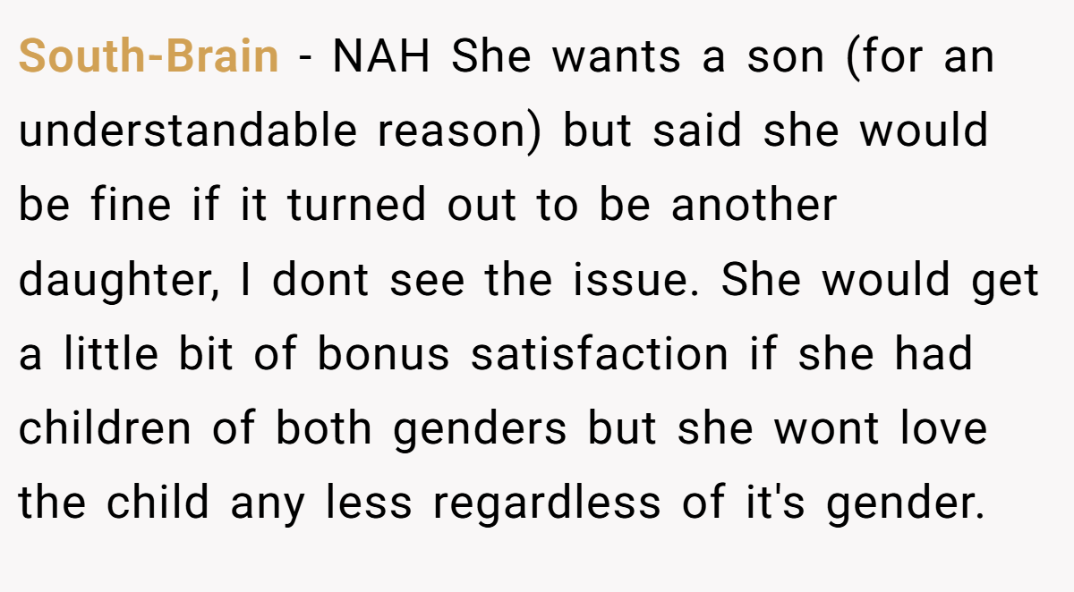 South-Brain − NAH She wants a son (for an understandable reason) but said she would be fine if it turned out to be another daughter, I dont see the issue. She would get a little bit of bonus satisfaction if she had children of both genders but she wont love the child any less regardless of it's gender.