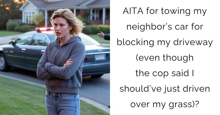 AITA for towing my neighbor’s car for blocking my driveway (even though the cop said I should’ve just driven over my grass)?