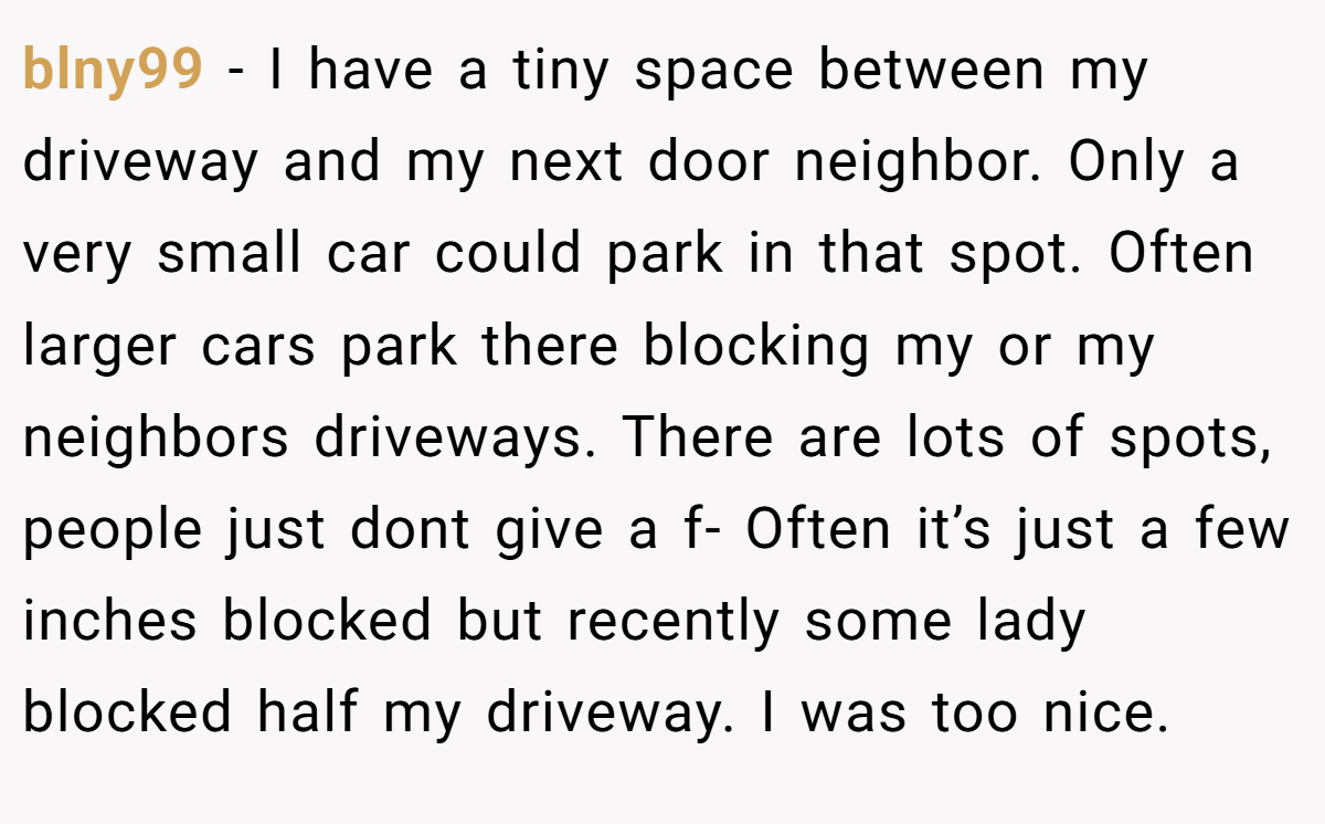 blny99 − I have a tiny space between my driveway and my next door neighbor. Only a very small car could park in that spot. Often larger cars park there blocking my or my neighbors driveways. There are lots of spots, people just dont give a f- Often it’s just a few inches blocked but recently some lady blocked half my driveway. I was too nice.