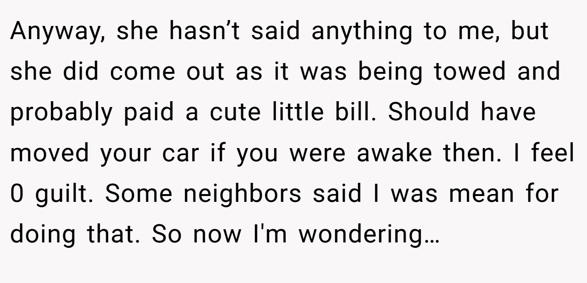Anyway, she hasn’t said anything to me, but she did come out as it was being towed and probably paid a cute little bill. Should have moved your car if you were awake then. I feel 0 guilt. Some neighbors said I was mean for doing that. So now I'm wondering…