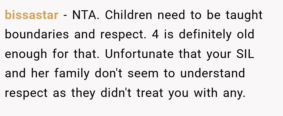 bissastar − NTA. Children need to be taught boundaries and respect. 4 is definitely old enough for that. Unfortunate that your SIL and her family don't seem to understand respect as they didn't treat you with any.