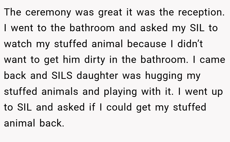 The ceremony was great it was the reception. I went to the bathroom and asked my SIL to watch my stuffed animal because I didn’t want to get him dirty in the bathroom. I came back and SILS daughter was hugging my stuffed animals and playing with it. I went up to SIL and asked if I could get my stuffed animal back.