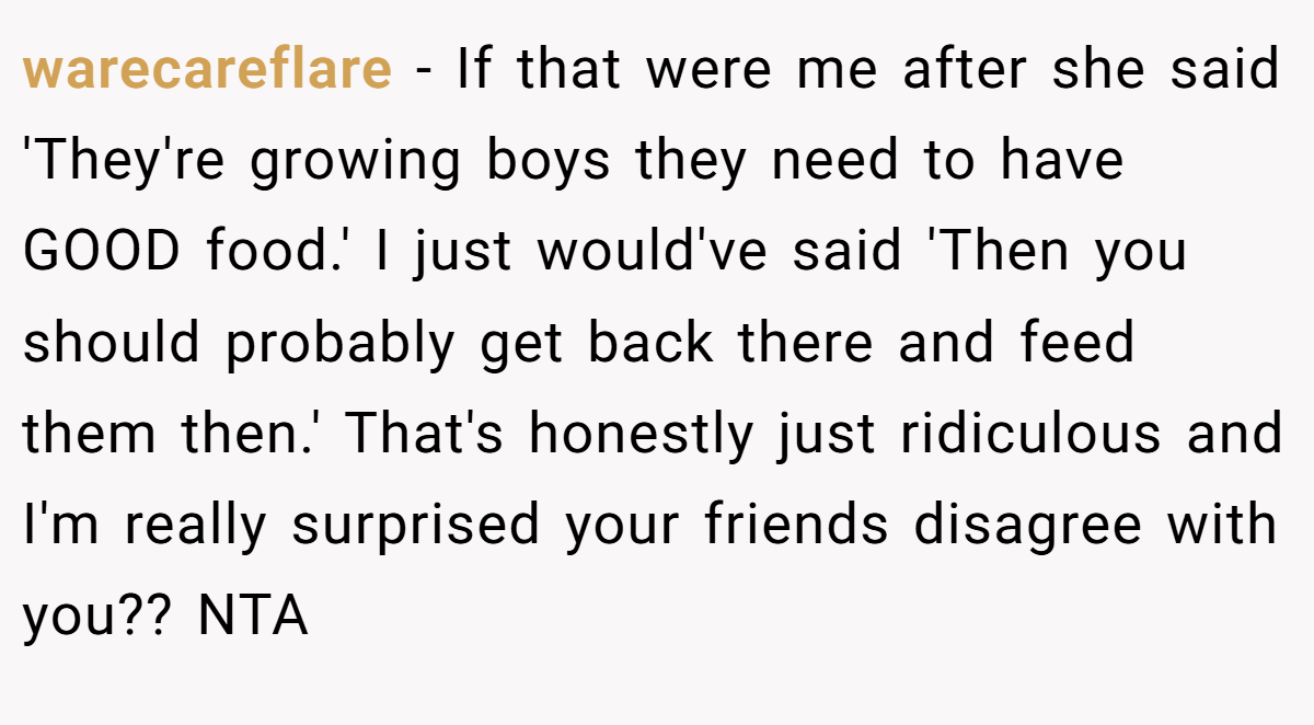 warecareflare − If that were me after she said 'They're growing boys they need to have GOOD food.' I just would've said 'Then you should probably get back there and feed them then.' That's honestly just ridiculous and I'm really surprised your friends disagree with you?? NTA