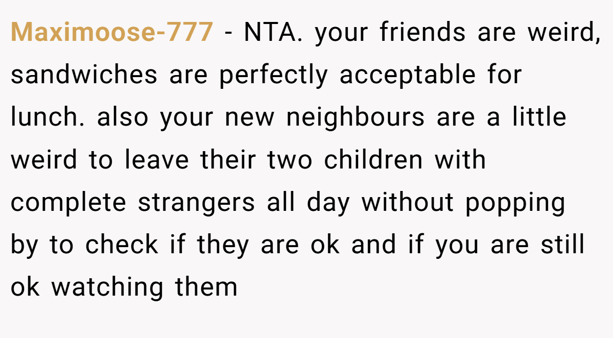Maximoose-777 − NTA. your friends are weird, sandwiches are perfectly acceptable for lunch. also your new neighbours are a little weird to leave their two children with complete strangers all day without popping by to check if they are ok and if you are still ok watching them