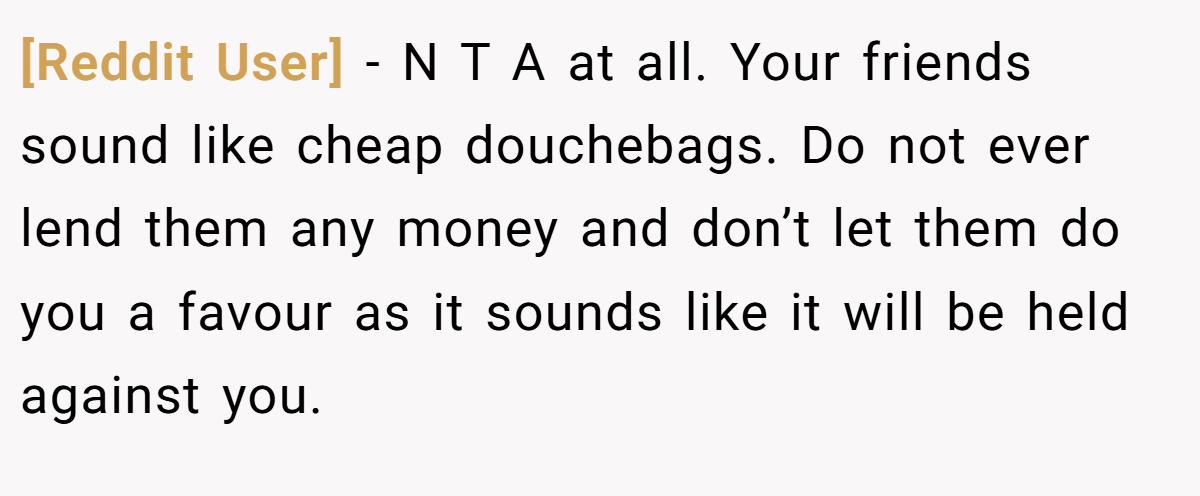 [Reddit User] - N T A at all. Your friends sound like cheap douchebags. Do not ever lend them any money and don’t let them do you a favour as it sounds like it will be held against you.