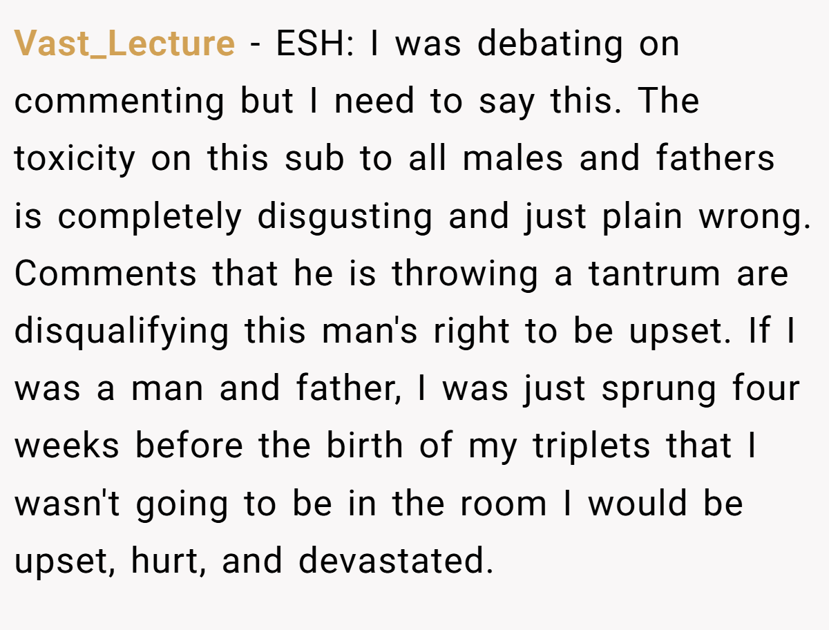 Vast_Lecture − ESH: I was debating on commenting but I need to say this. The toxicity on this sub to all males and fathers is completely disgusting and just plain wrong. Comments that he is throwing a tantrum are disqualifying this man's right to be upset. If I was a man and father, I was just sprung four weeks before the birth of my triplets that I wasn't going to be in the room I would be upset, hurt, and devastated.