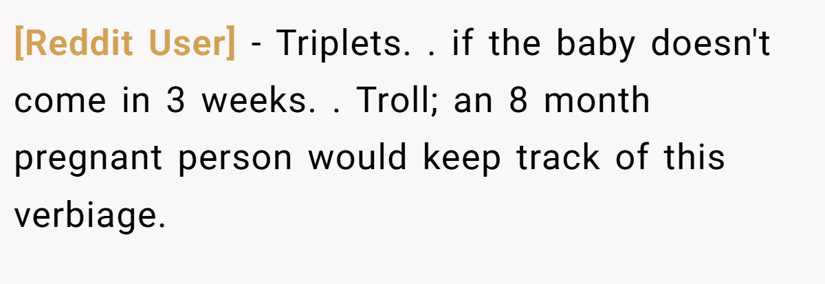 [Reddit User] − Triplets. ​. if the baby doesn't come in 3 weeks. ​. Troll; an 8 month pregnant person would keep track of this verbiage.