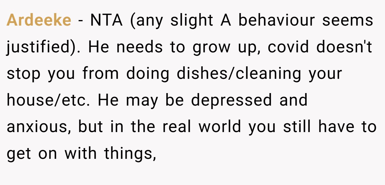 Ardeeke − NTA (any slight A behaviour seems justified). He needs to grow up, covid doesn't stop you from doing dishes/cleaning your house/etc. He may be depressed and anxious, but in the real world you still have to get on with things,