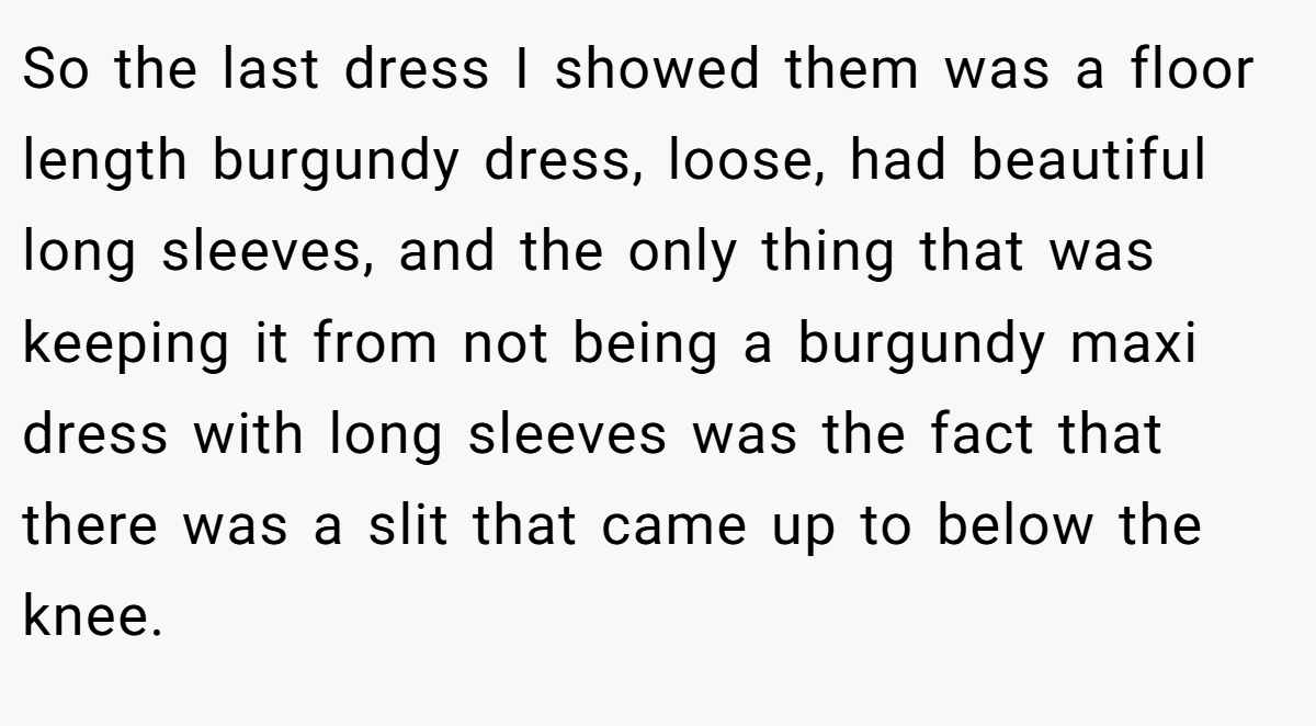 So the last dress I showed them was a floor length burgundy dress, loose, had beautiful long sleeves, and the only thing that was keeping it from not being a burgundy maxi dress with long sleeves was the fact that there was a slit that came up to below the knee.
