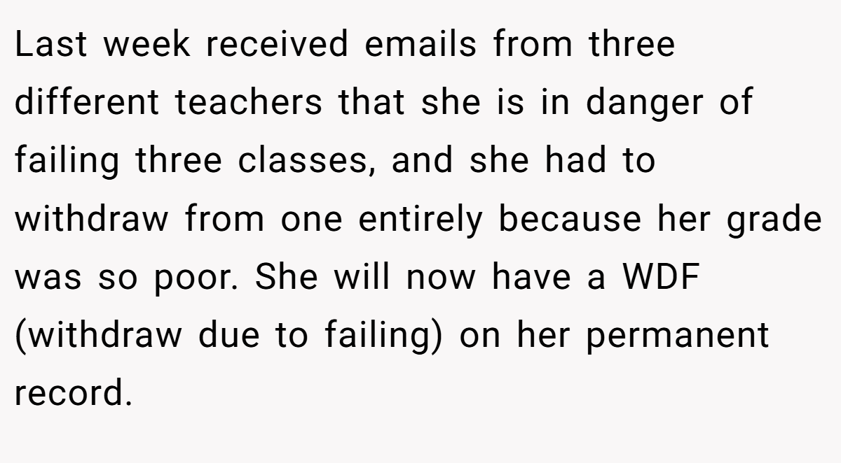 Last week received emails from three different teachers that she is in danger of failing three classes, and she had to withdraw from one entirely because her grade was so poor. She will now have a WDF (withdraw due to failing) on her permanent record.