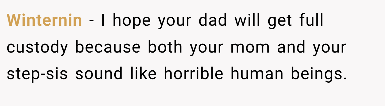 Winternin - I hope your dad will get full custody because both your mom and your step-sis sound like horrible human beings.