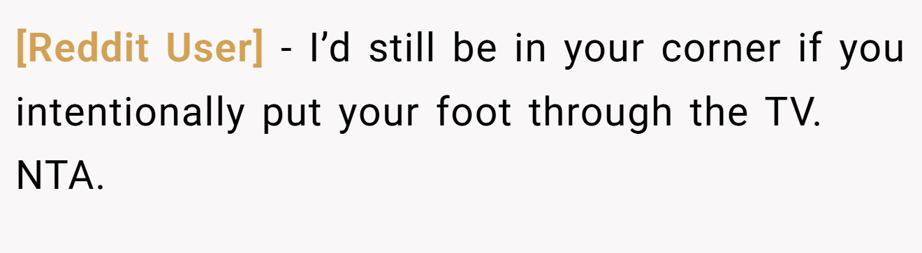 [Reddit User] - I’d still be in your corner if you intentionally put your foot through the TV. NTA.
