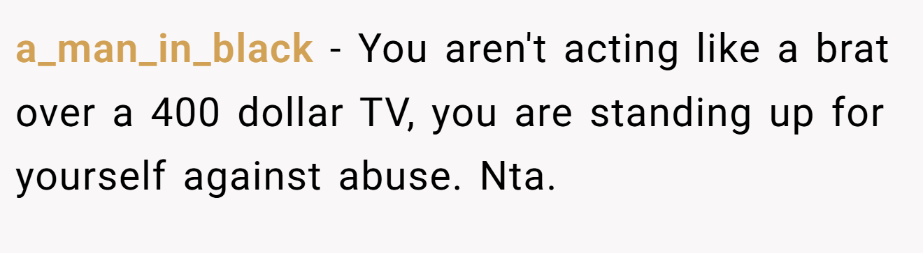 a_man_in_black - You aren't acting like a brat over a 400 dollar TV, you are standing up for yourself against abuse. Nta.