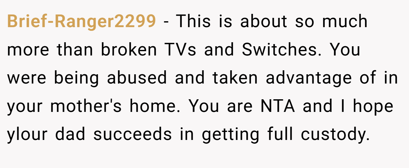 Brief-Ranger2299 - This is about so much more than broken TVs and Switches. You were being abused and taken advantage of in your mother's home. You are NTA and I hope ylour dad succeeds in getting full custody.