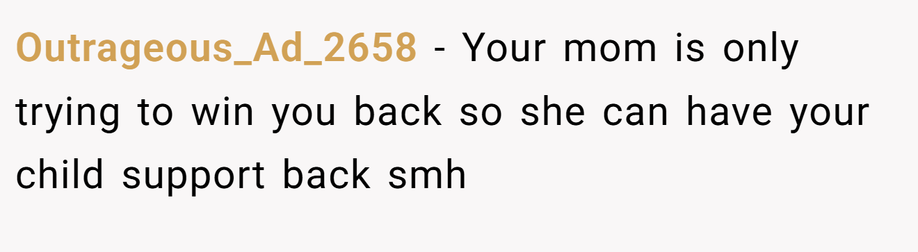 Outrageous_Ad_2658 - Your mom is only trying to win you back so she can have your child support back smh
