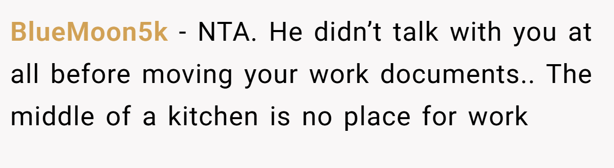 BlueMoon5k − NTA. He didn’t talk with you at all before moving your work documents.. The middle of a kitchen is no place for work