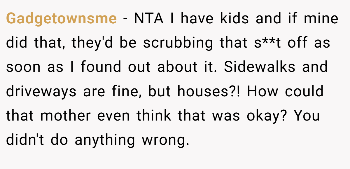 Gadgetownsme − NTA I have kids and if mine did that, they'd be scrubbing that s**t off as soon as I found out about it. Sidewalks and driveways are fine, but houses?! How could that mother even think that was okay? You didn't do anything wrong.