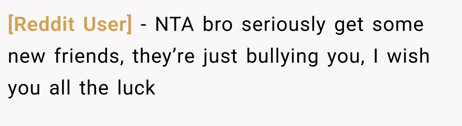 [Reddit User] − NTA bro seriously get some new friends, they’re just bullying you, I wish you all the luck