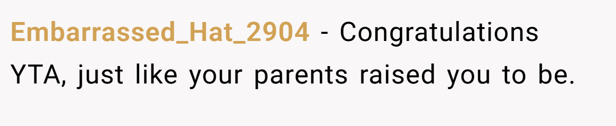 Embarrassed_Hat_2904 − Congratulations YTA, just like your parents raised you to be.