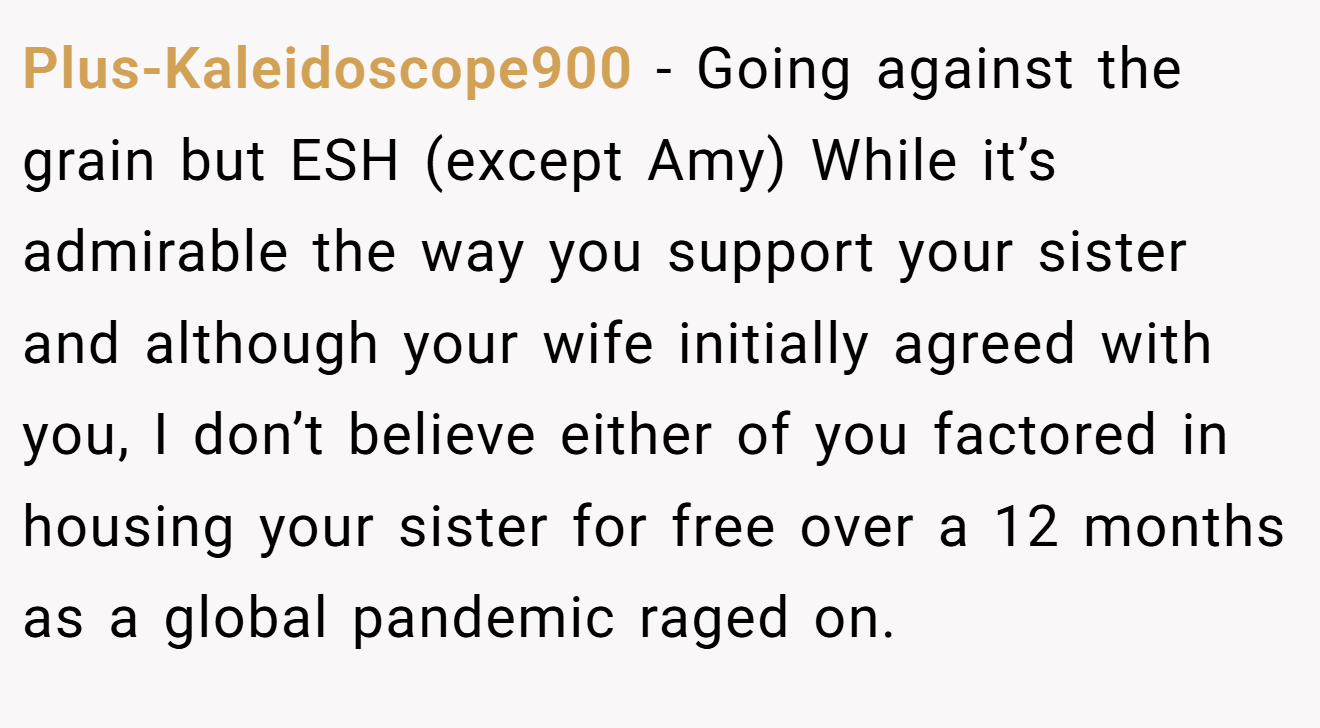 Plus-Kaleidoscope900 - Going against the grain but ESH (except Amy) While it’s admirable the way you support your sister and although your wife initially agreed with you, I don’t believe either of you factored in housing your sister for free over a 12 months as a global pandemic raged on.