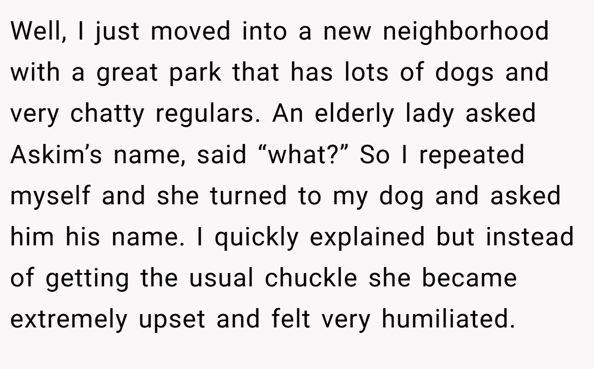 Well, I just moved into a new neighborhood with a great park that has lots of dogs and very chatty regulars. An elderly lady asked Askim’s name, said “what?” So I repeated myself and she turned to my dog and asked him his name. I quickly explained but instead of getting the usual chuckle she became extremely upset and felt very humiliated.