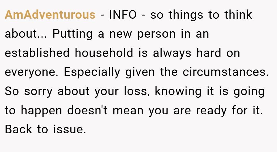 AmAdventurous − INFO - so things to think about... Putting a new person in an established household is always hard on everyone. Especially given the circumstances. So sorry about your loss, knowing it is going to happen doesn't mean you are ready for it. Back to issue.