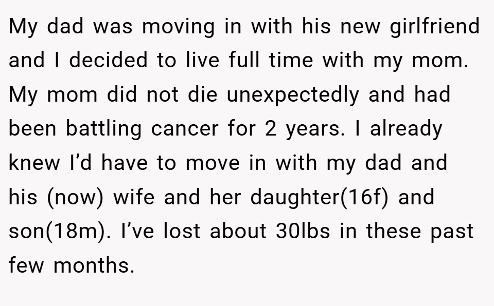 My dad was moving in with his new girlfriend and I decided to live full time with my mom. My mom did not die unexpectedly and had been battling cancer for 2 years. I already knew I’d have to move in with my dad and his (now) wife and her daughter(16f) and son(18m). I’ve lost about 30lbs in these past few months.