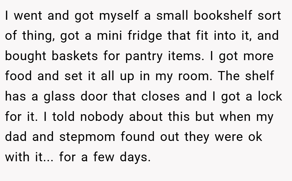 I went and got myself a small bookshelf sort of thing, got a mini fridge that fit into it, and bought baskets for pantry items. I got more food and set it all up in my room. The shelf has a glass door that closes and I got a lock for it. I told nobody about this but when my dad and stepmom found out they were ok with it... for a few days.