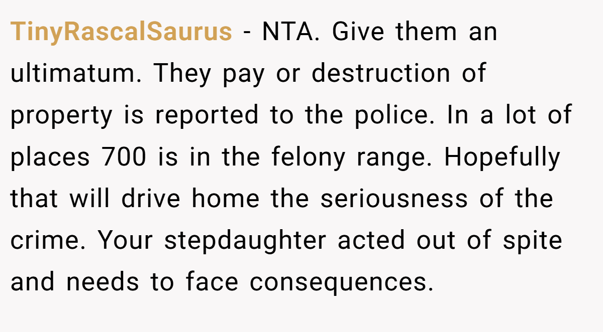 TinyRascalSaurus − NTA. Give them an ultimatum. They pay or destruction of property is reported to the police. In a lot of places 700 is in the felony range. Hopefully that will drive home the seriousness of the crime. Your stepdaughter acted out of spite and needs to face consequences.