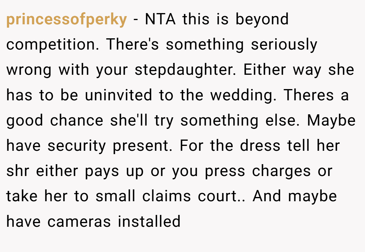 princessofperky − NTA this is beyond competition. There's something seriously wrong with your stepdaughter. Either way she has to be uninvited to the wedding. Theres a good chance she'll try something else. Maybe have security present. For the dress tell her shr either pays up or you press charges or take her to small claims court.. And maybe have cameras installed