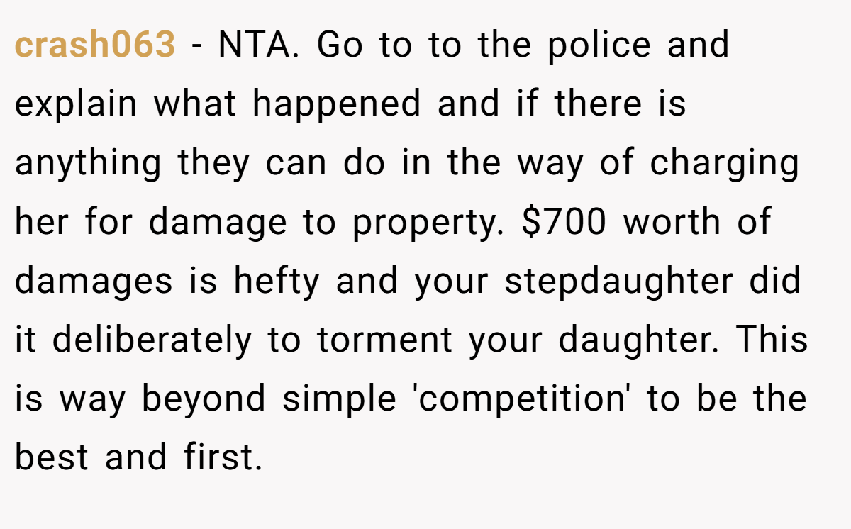 crash063 − NTA. Go to to the police and explain what happened and if there is anything they can do in the way of charging her for damage to property. $700 worth of damages is hefty and your stepdaughter did it deliberately to torment your daughter. This is way beyond simple 'competition' to be the best and first.