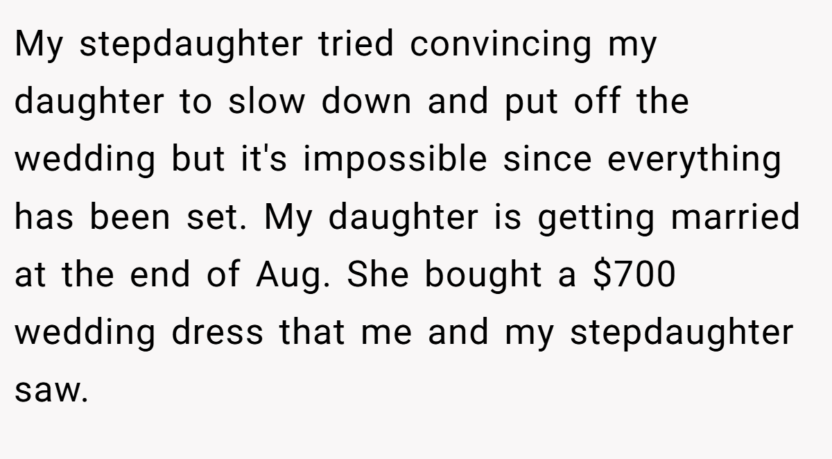 My stepdaughter tried convincing my daughter to slow down and put off the wedding but it's impossible since everything has been set. My daughter is getting married at the end of Aug. She bought a $700 wedding dress that me and my stepdaughter saw.