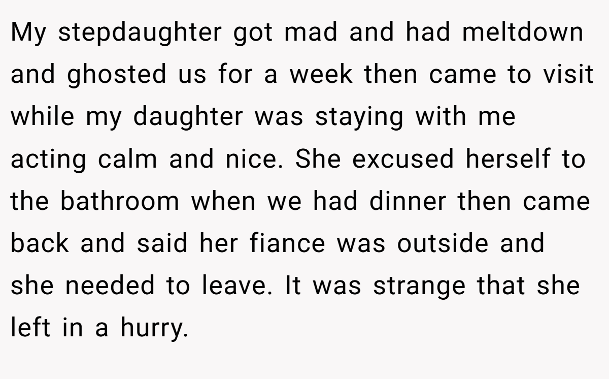 My stepdaughter got mad and had meltdown and ghosted us for a week then came to visit while my daughter was staying with me acting calm and nice. She excused herself to the bathroom when we had dinner then came back and said her fiance was outside and she needed to leave. It was strange that she left in a hurry.