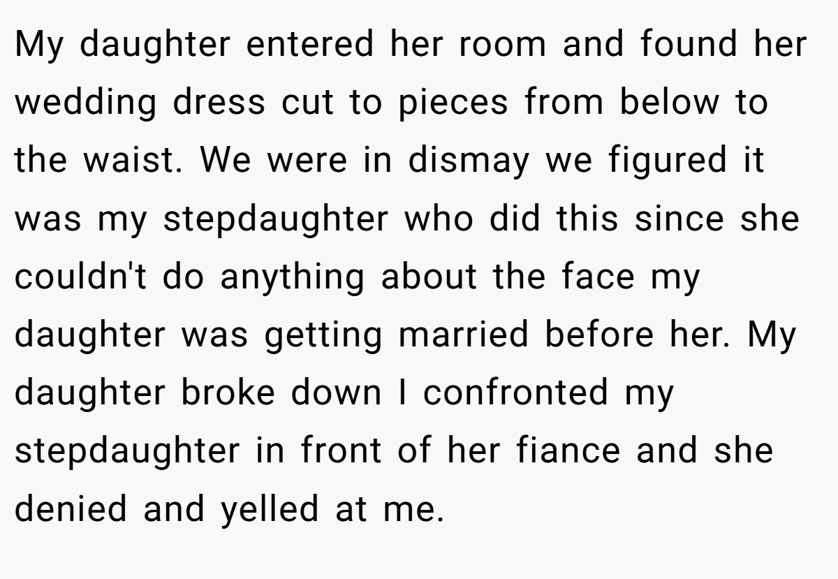 My daughter entered her room and found her wedding dress cut to pieces from below to the waist. We were in dismay we figured it was my stepdaughter who did this since she couldn't do anything about the face my daughter was getting married before her. My daughter broke down I confronted my stepdaughter in front of her fiance and she denied and yelled at me.