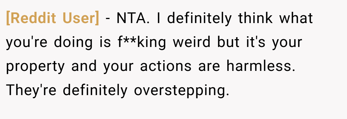 [Reddit User] - NTA. I definitely think what you're doing is f**king weird but it's your property and your actions are harmless. They're definitely overstepping.