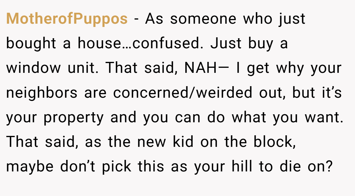 MotherofPuppos - As someone who just bought a house…confused. Just buy a window unit. That said, NAH— I get why your neighbors are concerned/weirded out, but it’s your property and you can do what you want. That said, as the new kid on the block, maybe don’t pick this as your hill to die on?