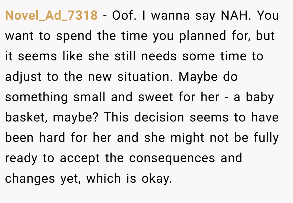 Novel_Ad_7318 − Oof. I wanna say NAH. You want to spend the time you planned for, but it seems like she still needs some time to adjust to the new situation. Maybe do something small and sweet for her - a baby basket, maybe? This decision seems to have been hard for her and she might not be fully ready to accept the consequences and changes yet, which is okay.