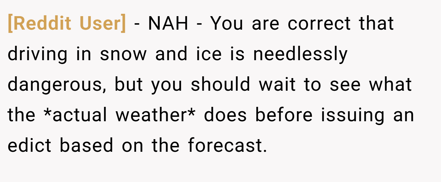 [Reddit User] − NAH - You are correct that driving in snow and ice is needlessly dangerous, but you should wait to see what the *actual weather* does before issuing an edict based on the forecast.