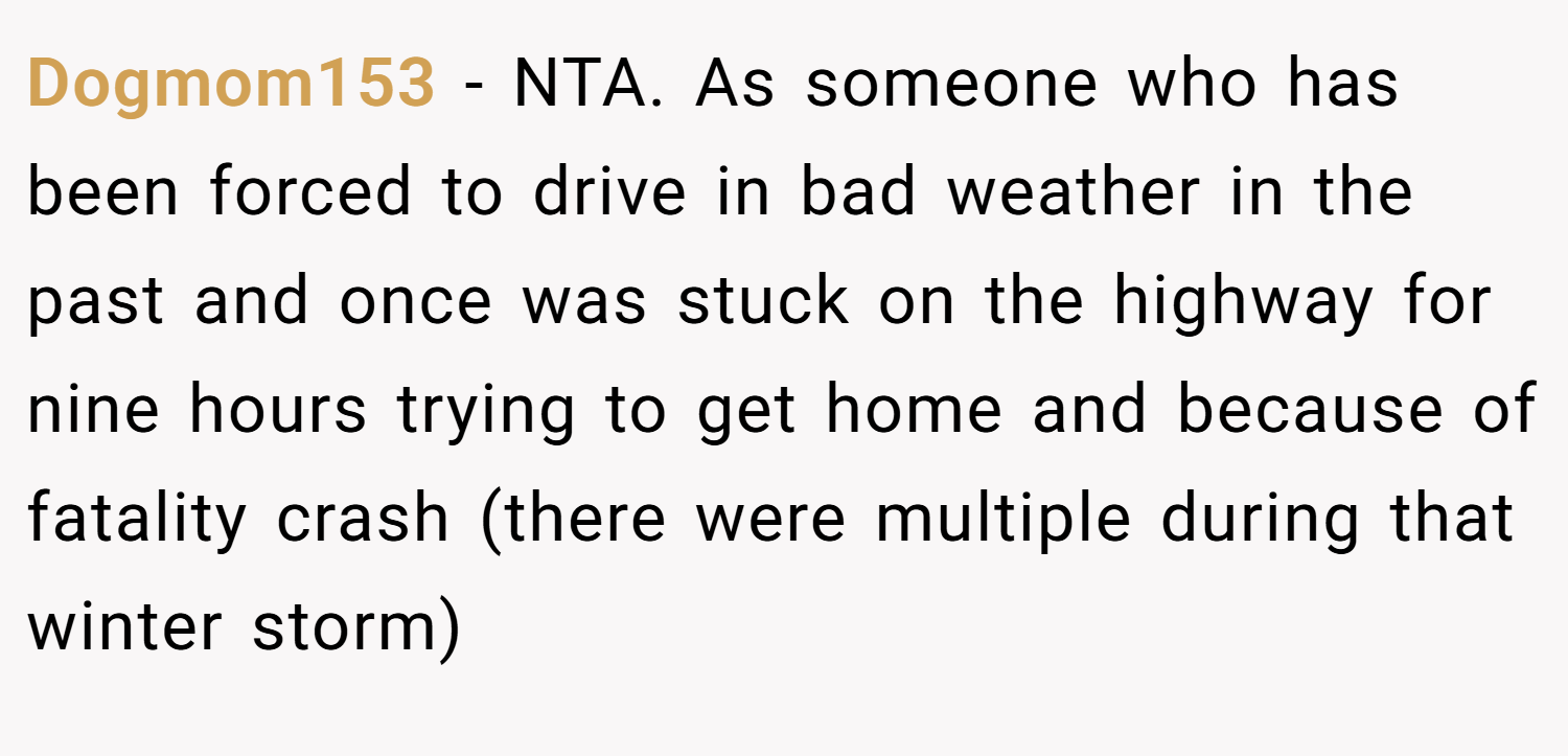 Dogmom153 − NTA. As someone who has been forced to drive in bad weather in the past and once was stuck on the highway for nine hours trying to get home and because of fatality crash (there were multiple during that winter storm)