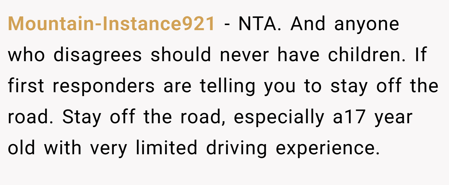 Mountain-Instance921 − NTA. And anyone who disagrees should never have children. If first responders are telling you to stay off the road. Stay off the road, especially a17 year old with very limited driving experience.