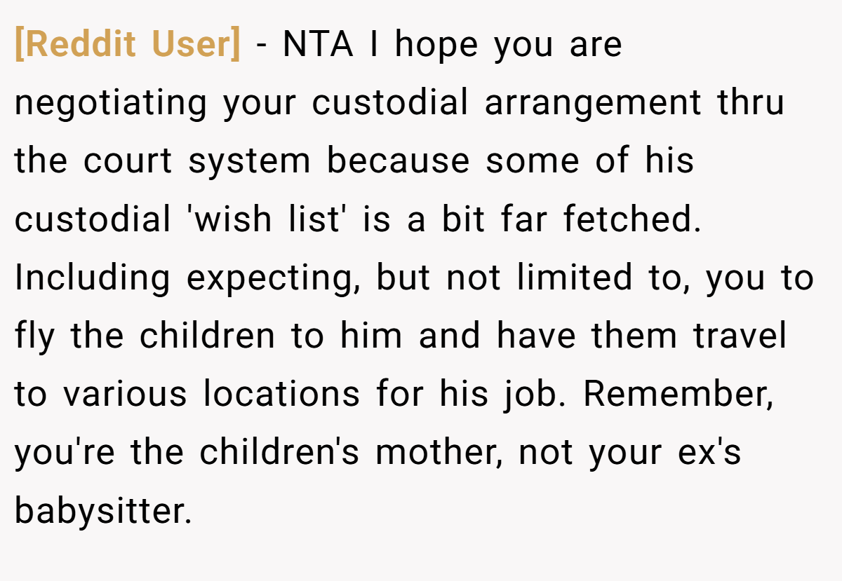 [Reddit User] − NTA I hope you are negotiating your custodial arrangement thru the court system because some of his custodial 'wish list' is a bit far fetched. Including expecting, but not limited to, you to fly the children to him and have them travel to various locations for his job. Remember, you're the children's mother, not your ex's babysitter.