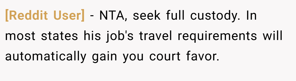 [Reddit User] − NTA, seek full custody. In most states his job's travel requirements will automatically gain you court favor.