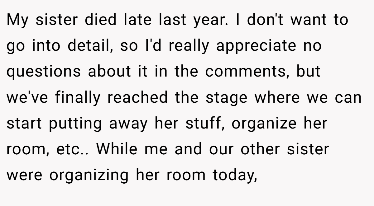 My sister died late last year. I don't want to go into detail, so I'd really appreciate no questions about it in the comments, but we've finally reached the stage where we can start putting away her stuff, organize her room, etc.. While me and our other sister were organizing her room today,