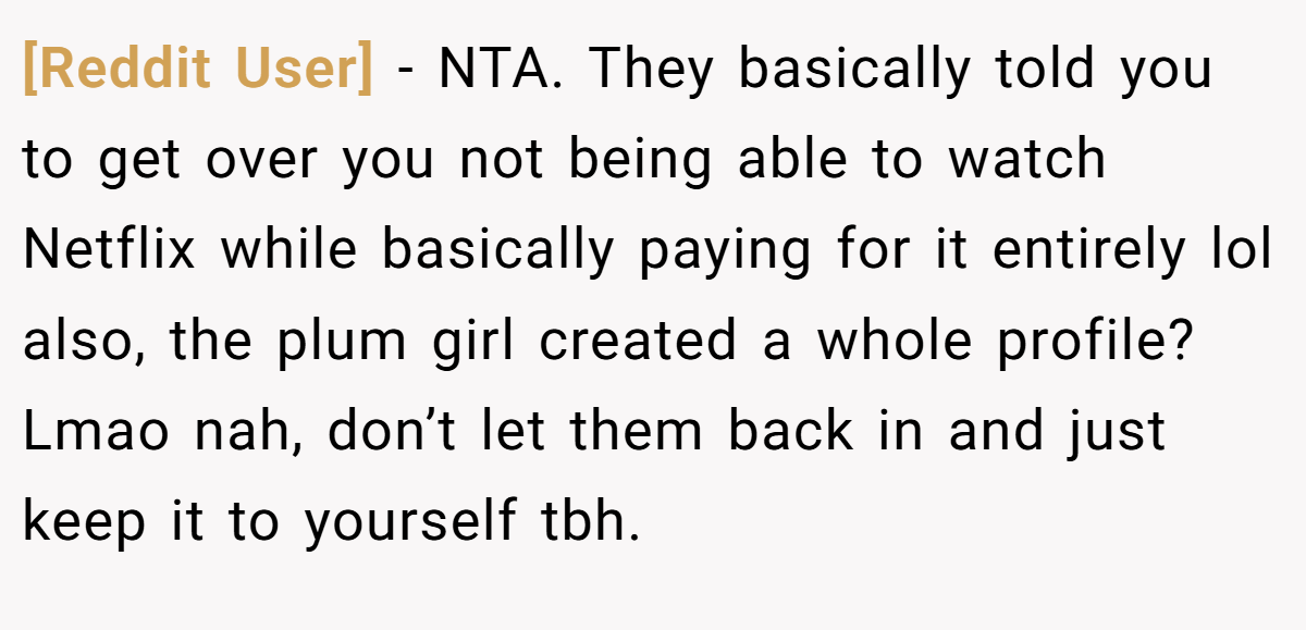 [Reddit User] − NTA. They basically told you to get over you not being able to watch Netflix while basically paying for it entirely lol also, the plum girl created a whole profile? Lmao nah, don’t let them back in and just keep it to yourself tbh.