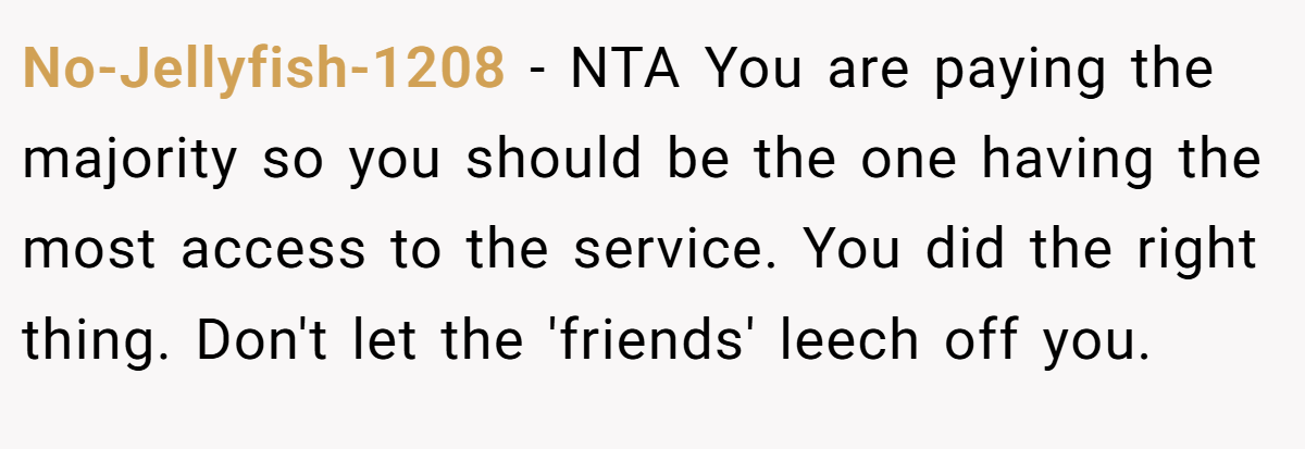 No-Jellyfish-1208 − NTA You are paying the majority so you should be the one having the most access to the service. You did the right thing. Don't let the 'friends' leech off you.