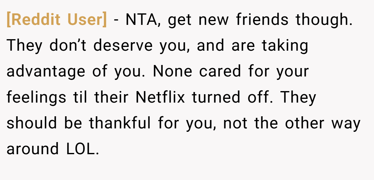 [Reddit User] − NTA, get new friends though. They don’t deserve you, and are taking advantage of you. None cared for your feelings til their Netflix turned off. They should be thankful for you, not the other way around LOL.