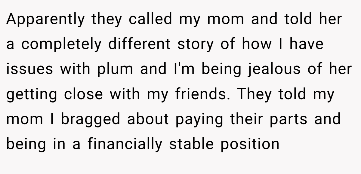 Apparently they called my mom and told her a completely different story of how I have issues with plum and I'm being jealous of her getting close with my friends. They told my mom I bragged about paying their parts and being in a financially stable position